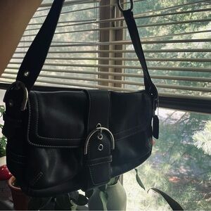 Vintage leather black buckle stitched coach bag